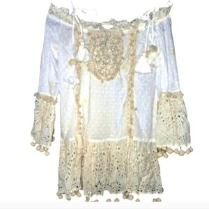Antica Sartoria Embroidered Lacey Tunic Dress, Off Shoulder W/ Ties SZ OS, Cream